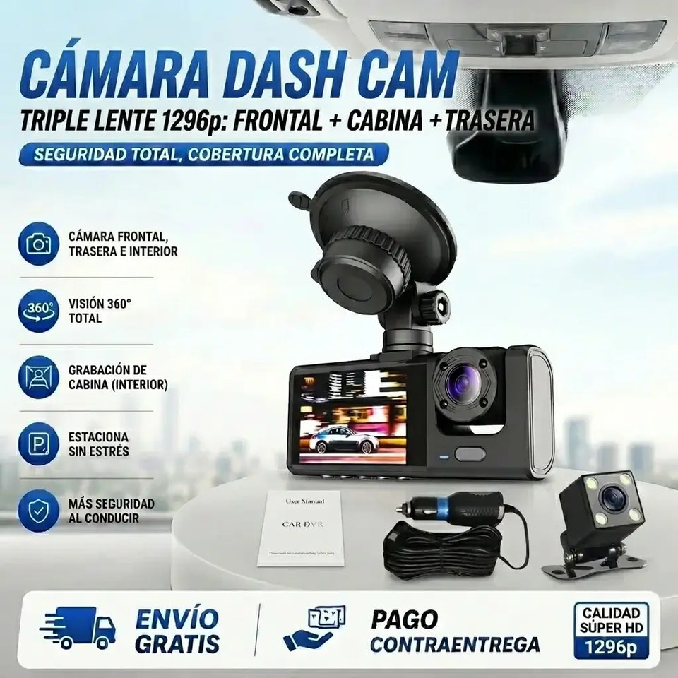 Cámara Para Carro 3 en 1 Black Box 1296p – Frontal, Cabina y Trasera